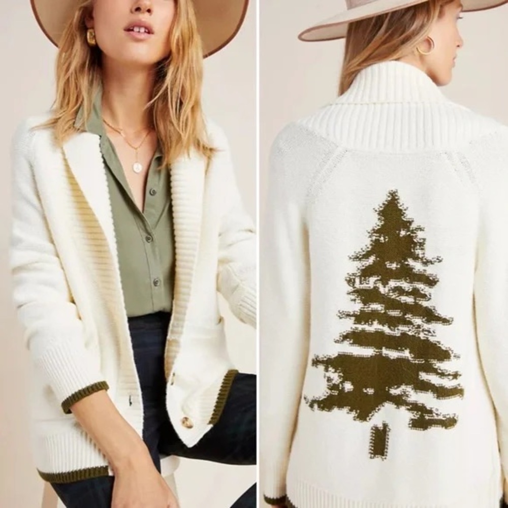 Anthropologie Evergreen Tree Cardigan Knit Sweater
